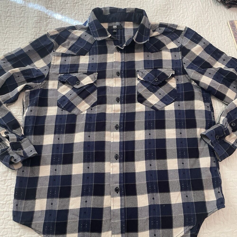 FRYE shirt mens L Large Blue Plaid Long Sleeve Cotton Button Up cowboy